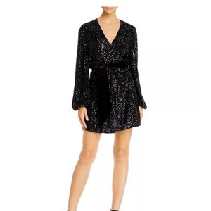 NWT Jay Godfrey Polly Black Sequin Wrap Mini Dress - Velvet Belt - Size 10